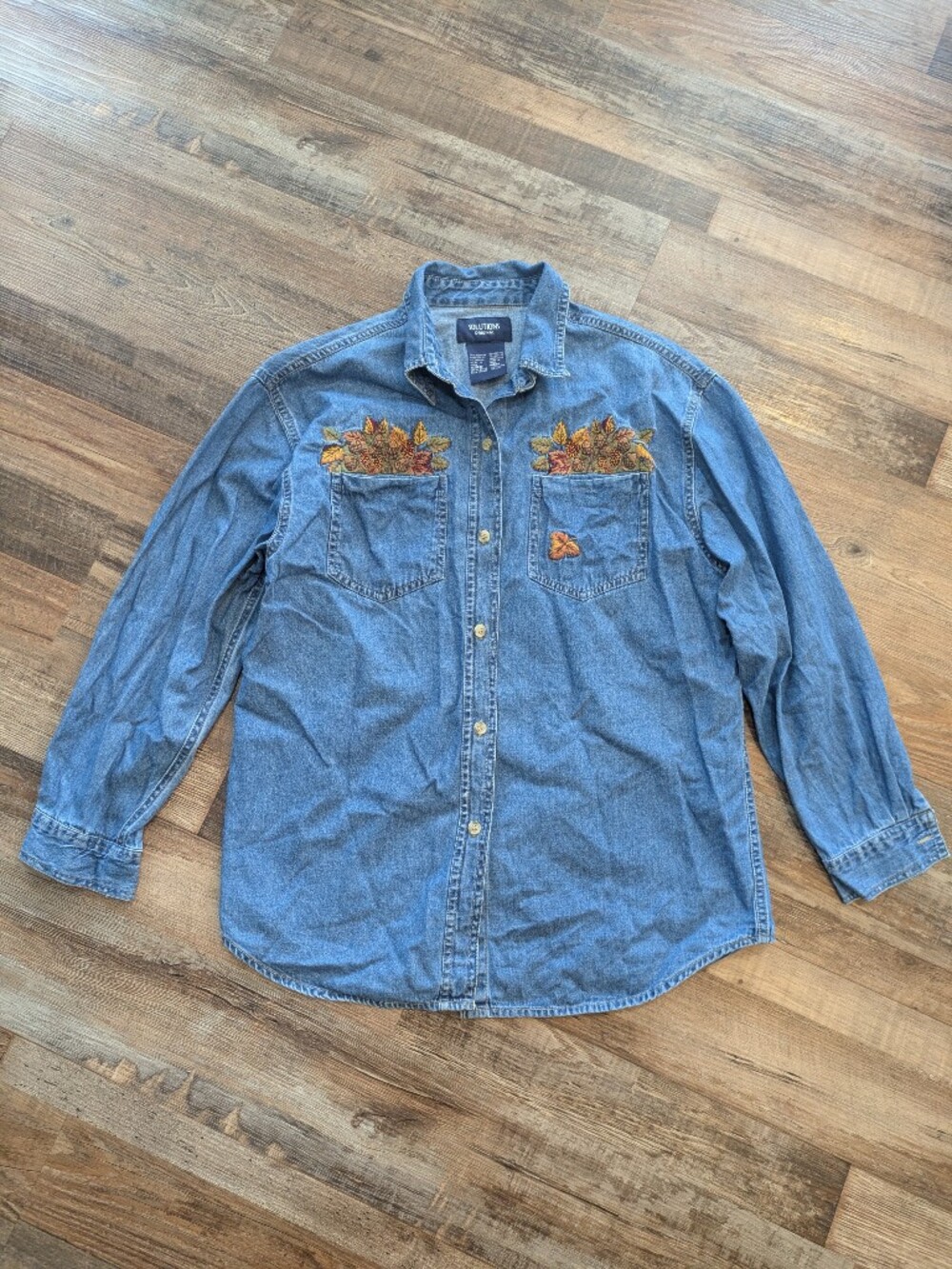 Vintage Solutions Embroidered Autumn Fall Button Down Denim Chambray Shirt Sz M